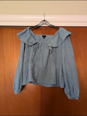 J.Crew Women's Blue Cotton Ruffle Blouse Shirt Top Large